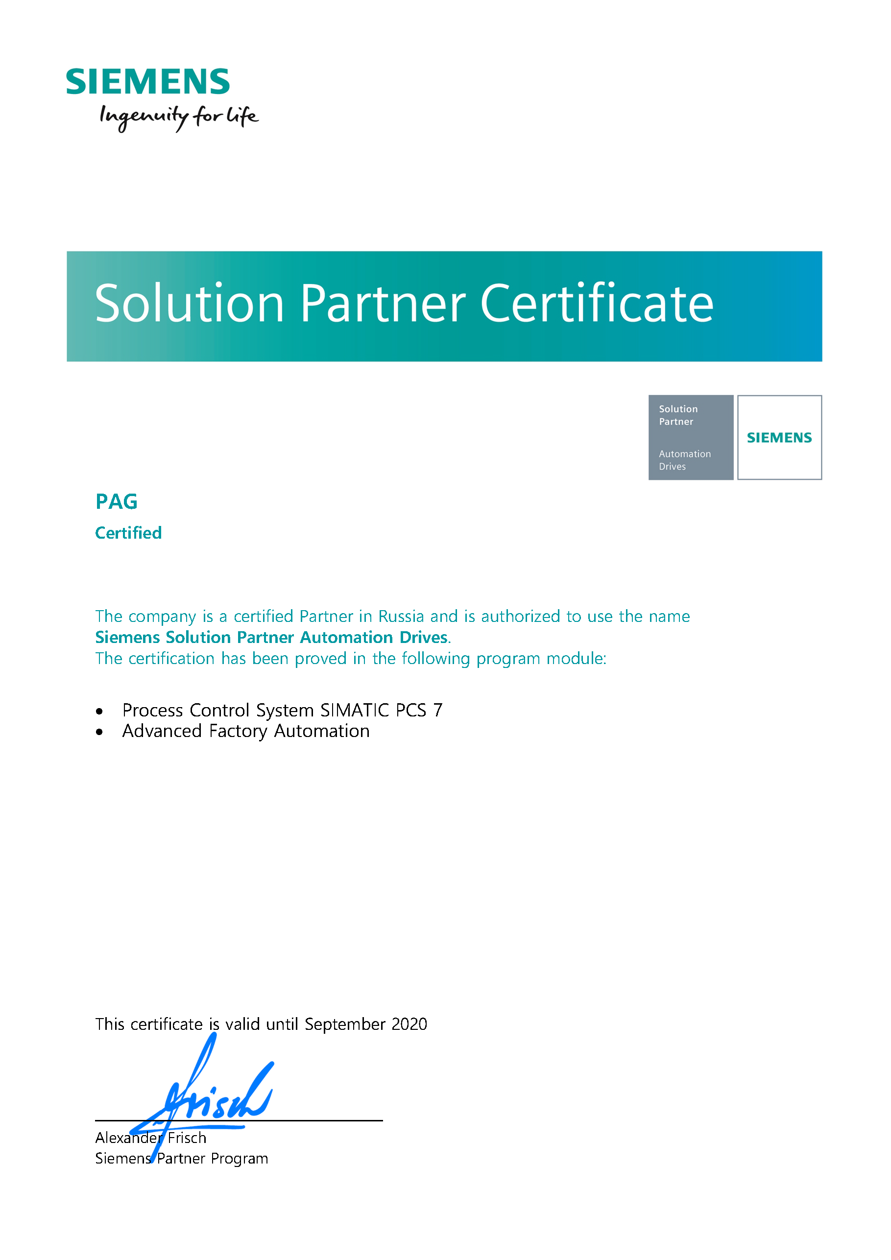 Siemens - Solution Partner Certificate